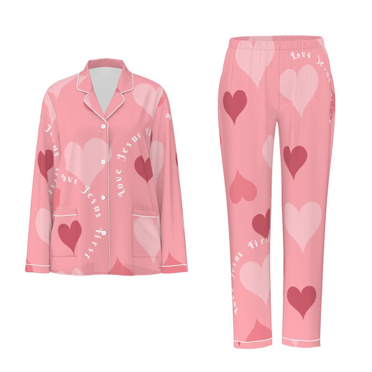 Love Jesus First All-Over Print Women's Long Sleeve Pajama Set With White Contrast Piping