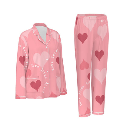 Love Jesus First All-Over Print Women's Long Sleeve Pajama Set With White Contrast Piping